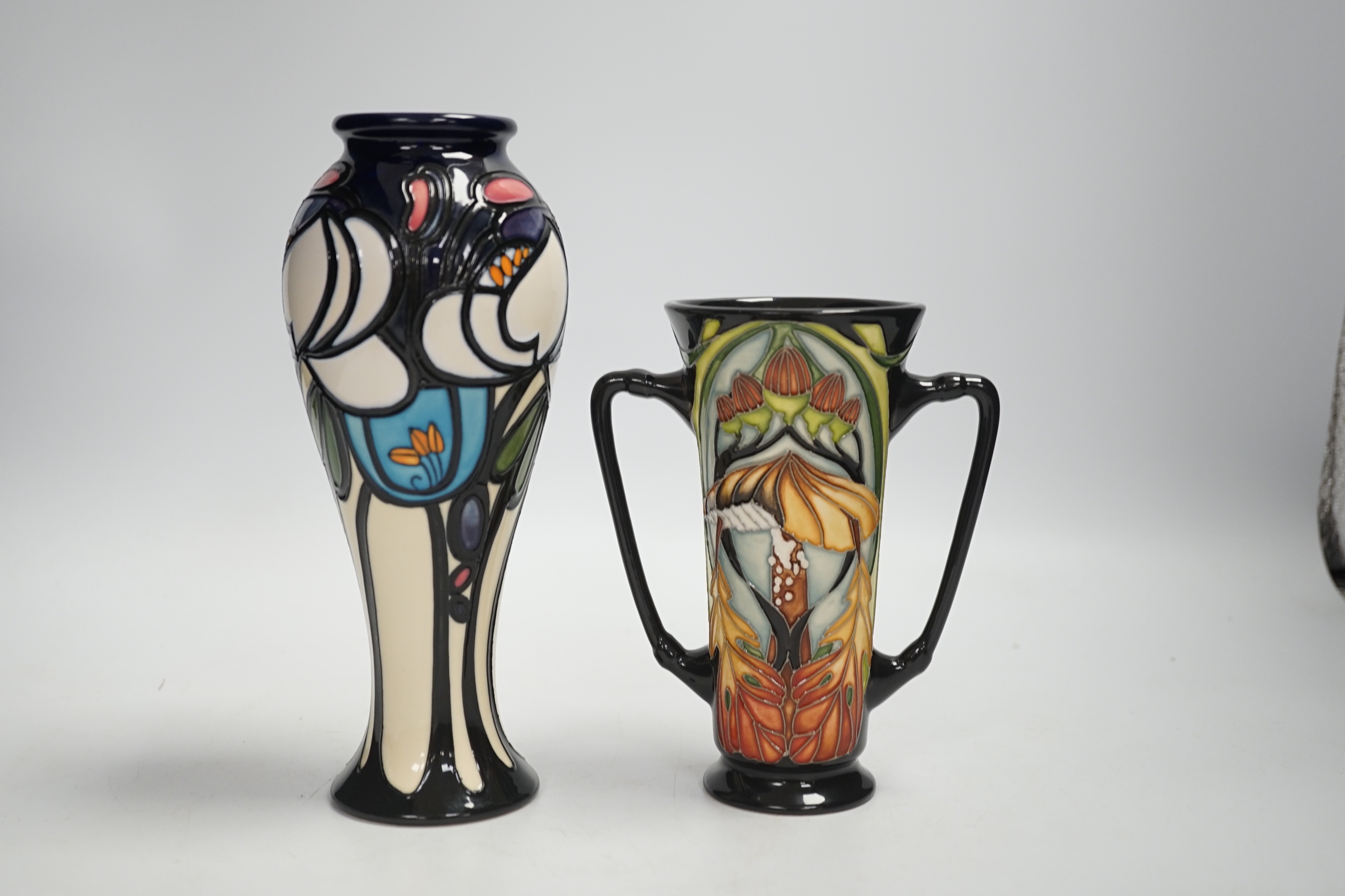 A rare Moorcroft Collector's Club limited edition two handled mushroom and autumn leaf pattern vase by V. Ward? and a ‘Sea Holly’ vase by Emma Bossons, tallest 21cm